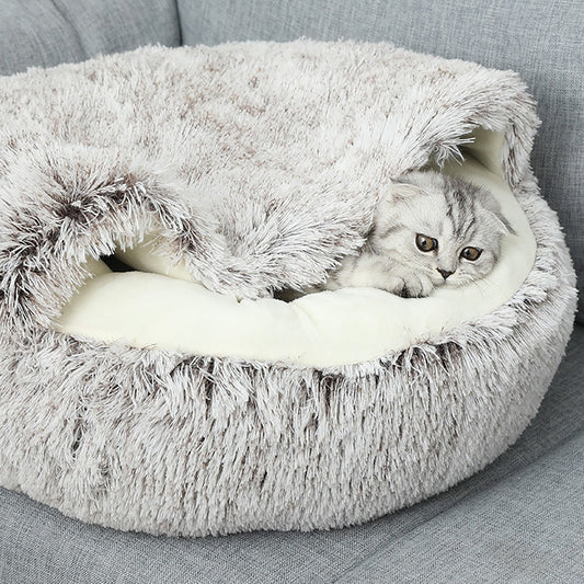 Luxurious Plush Round Cat Bed – Semi-Enclosed Hooded Donut Bed for Cats & Small Dogs | Warm, Cozy & Easy-Clean | Free UK Delivery (3–5 Days)